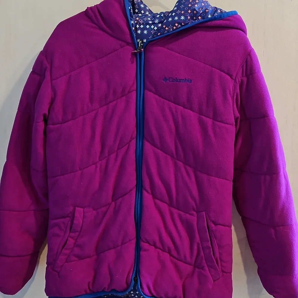 Columbia Reversible Blue And PINK Floral Puffer Fleece Jacket XL (18/20)